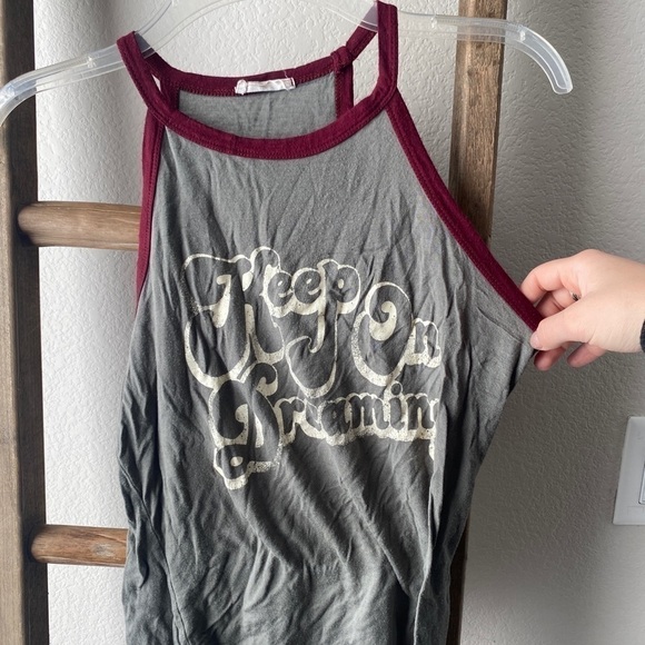 Aran's Den Tops - “Keep on dreaming” olive green/maroon tank